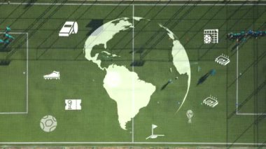 2022 Dünya Futbol Kupası Katar 'da. Tüm futbol dünya kupası katılımcıları. Dönen futbol topu ve stadyumun hava görüntüleri. Yüksek kalite 4k görüntü