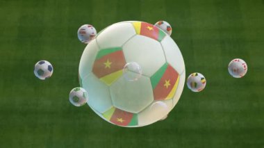 Katar 'da futbol kupası 2022. Tüm futbol dünya kupası katılımcıları. Dönen futbol topu ve stadyumun hava görüntüleri. Yüksek kalite 4k görüntü