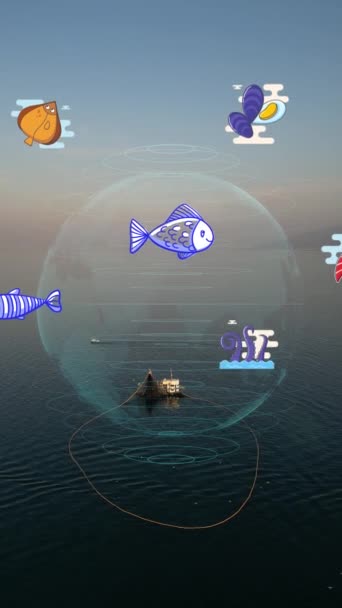 Fishing Boat with Large Catch Fish Swirling Flock Gulls Aerial View Drone Sunset . Small Ship Floats on Sea Surface Golden Sky Leaving a Path of Sea Foam Water. Seagulls. Bright Disk of Sun. High