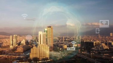 Akıllı şehir ve iletişim ağı konsepti. 5G mi? LPWA Düşük Güç Geniş Alanı. Kablosuz iletişim. Yüksek kalite 4k görüntü