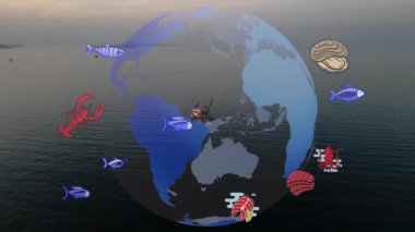 Büyük Balık Yakalayıcı Martı Sürüsü Uçan Uçan İnsansız Hava Aracı Günbatımı ile balıkçı teknesi. Deniz yüzeyindeki küçük gemi Altın Gök Suyu Yolu 'ndan ayrılıyor. Martılar var. Parlak Güneş Diski. Yüksek