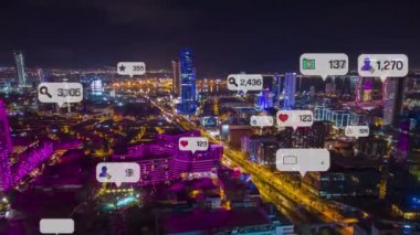 Social media icons fly over city downtown showing people engagement connection through social network application platform . Concept for online community and social media marketing strategy . High