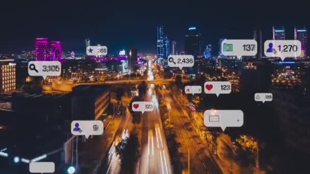 Соціальні Мережі Піктограми Сповіщень Містах Концепція Соціальної Мережі Високоякісні Кадри — стокове відео