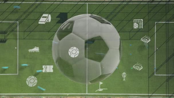世界サッカーカップ2022カタールで サッカーワールドカップの参加者全員サッカーボールとスタジアムの空中映像を回転させます 高品質4K映像 — ストック動画