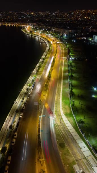 Lucht City Lichten Nachts Izmir Turkije Time Lapse Hoge Kwaliteit — Stockvideo