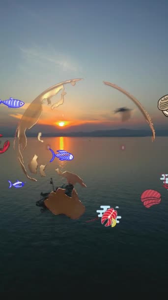 Fishing Boat with Large Catch Fish Swirling Flock Gulls Aerial View Drone Sunset . Small Ship Floats on Sea Surface Golden Sky Leaving a Path of Sea Foam Water. Seagulls. Bright Disk of Sun. High