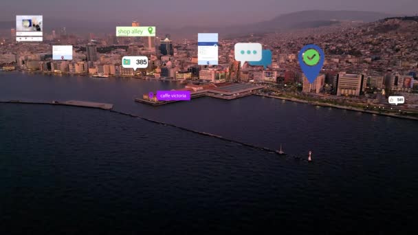 未来派城市与社交媒体的联系 旧金山的高科技视野 强化现实 是的高质量的4K镜头 — 图库视频影像