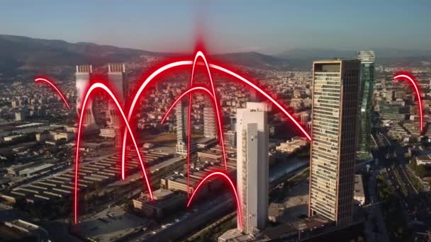 Smart City Aerial Drone Beeldmateriaal Hologram Information Arches Forming Network — Stockvideo