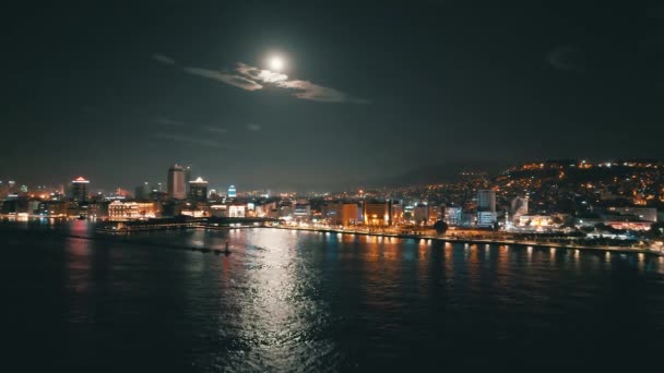 Aerial Night Shot Sea Ferryboats City Views Konak Izmir Turcja — Wideo stockowe