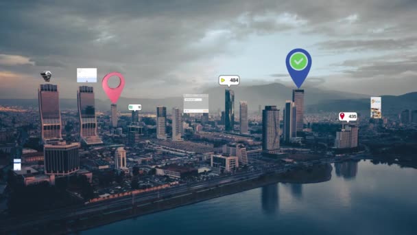 Социальные Сети Иконки Уведомлений Над Городами Концепция Социальной Сети Высококачественные — стоковое видео