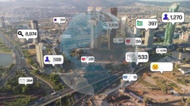 Social media icons fly over city downtown showing people engagement connection through social network application platform . Concept for online community and social media marketing strategy . High