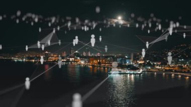 Fütürist ağ bağlantısı ve veri iletişimi olan şehir manzarası. Teknoloji konsepti. Yüksek kalite 4k görüntü