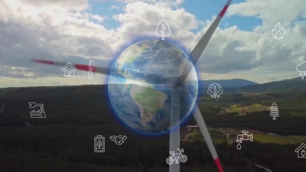 Vista Aérea Sobre Paisagem Agrícola Turbinas Eólicas Gerando Energia Renovável — Vídeo de Stock
