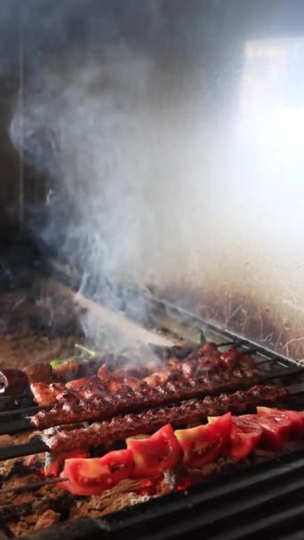 在烤架上烹调什锦烤面包和肉串 西红柿和青椒 高质量的镜头 — 图库视频影像