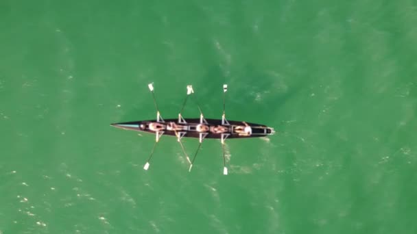 Sport Canoe Team Four People Rowing Tranquil Water Aerial View — Stockvideo
