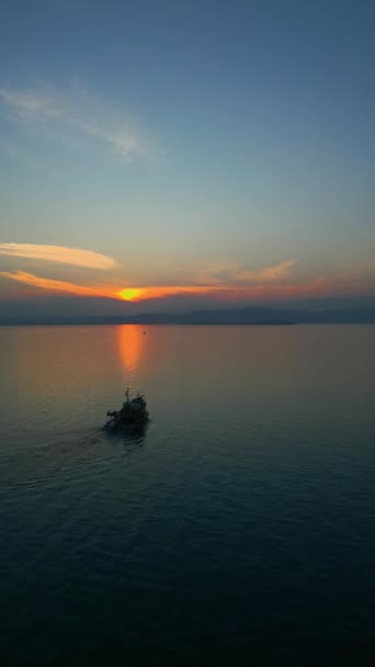 Fishing Boat Trawler Ship Sailing Sea Sunset Aerial Shot High — Stock Video
