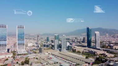 Modern şehir ve teknoloji konsepti. Akıllı şehir. Dijital dönüşüm. Arayüz Grafik Kullanıcı Arayüzü. Yüksek kalite 4k görüntü