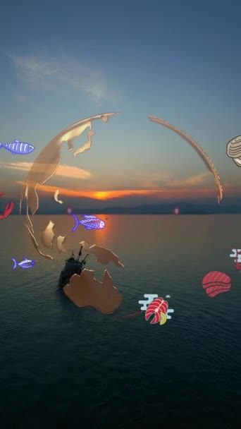 渔船与大渔获鱼旋转鸥群空中景观无人机日落 小船漂浮在海面金色的天空中 留下一条海上泡沫水的路径 太阳的明亮圆盘 — 图库视频影像