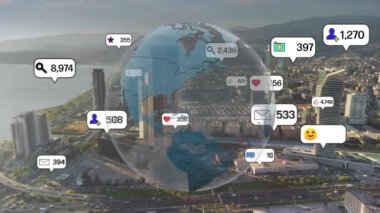 Social media icons fly over city downtown showing people engagement connection through social network application platform . Concept for online community and social media marketing strategy . High