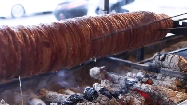 Türkisches Oder Albanisches Gericht Kokorec Aus Schafsdarm Lammdarm Ofen Gekocht — Stockvideo