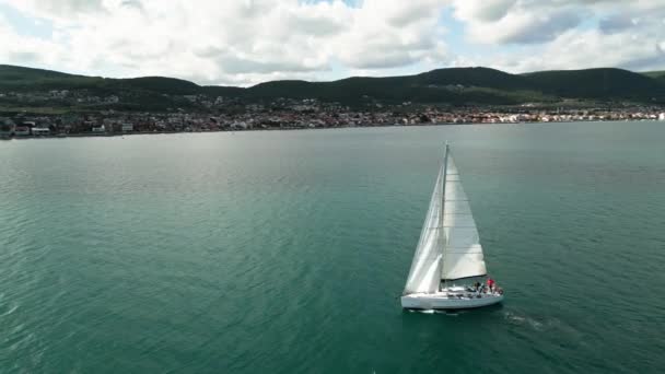 Aerial Sun Yacht Sail Agean Sea White Boat Open Sea — Stockvideo