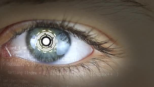 Oog Met Programmacode Futuristisch Technologie Groen Blauw Eye Close Met — Stockvideo