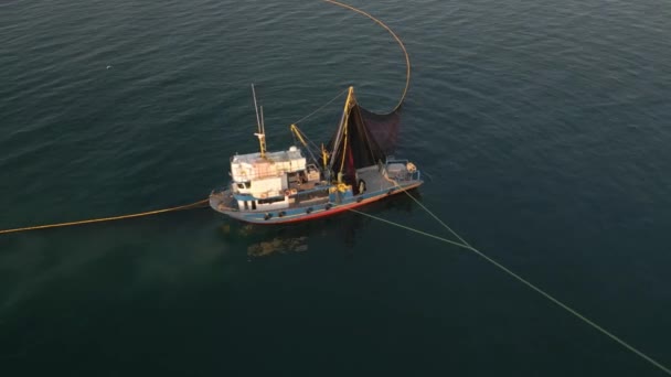 Aerial View Fishing Ship Net Circle Shape Halak Gyűjtése Tengerből — Stock videók