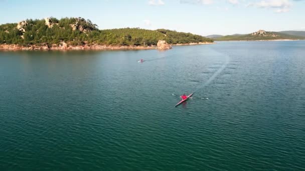 Αθλητισμός Κανό Κωπηλασία Ήρεμα Νερά Αεροφωτογραφία Υψηλής Ποιότητας Πλάνα — Αρχείο Βίντεο