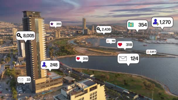 Social Media Icons Fly City Downtown Showing People Engagement Connection — Vídeos de Stock