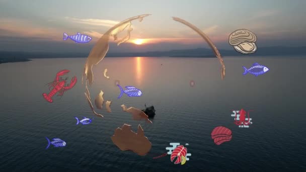 大きなキャッチ魚の渦巻く群れと漁船空中ビュードローン日没を表示します 海面に浮かぶ小さな船黄金の空海の泡の水の道を離れる カモメだ 太陽の明るい円盤 — ストック動画