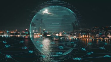 Modern City covered with Internet 5g Mobile Digital Technology. Aerial view of Izmir Connected through Wireless Network. Plexus spreading data communication, cloud, AI, internet of things. Futuristic