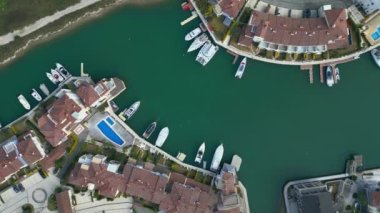 aerial view of marina yacht club in turkey alacati port. High quality 4k footage