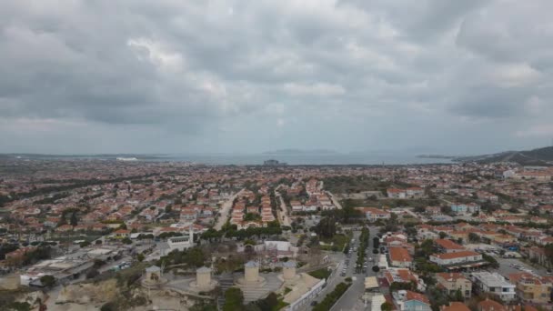 Vista Aérea Alacati Moinhos Vento Izmir Imagens Alta Qualidade — Vídeo de Stock