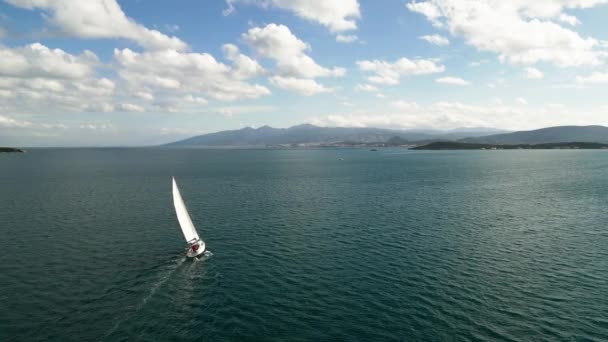 Aerial Sun Yacht Sail Agean Sea White Boat Open Sea — Stockvideo