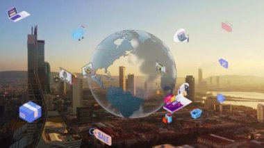 Çevrimiçi alışveriş ve akıllı şehirde internet ağı değişikliği. Gelecekteki kablosuz dijital bağlantı kavramı, çevrimiçi alışveriş ve sosyal medya ağı. Yüksek kalite 4k görüntü