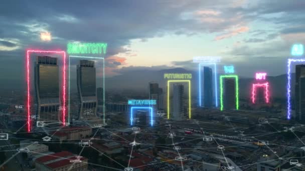 Futuristisk Aerial Smart City Iot Internet Ting Ikt Digital Teknologi – Stock-video