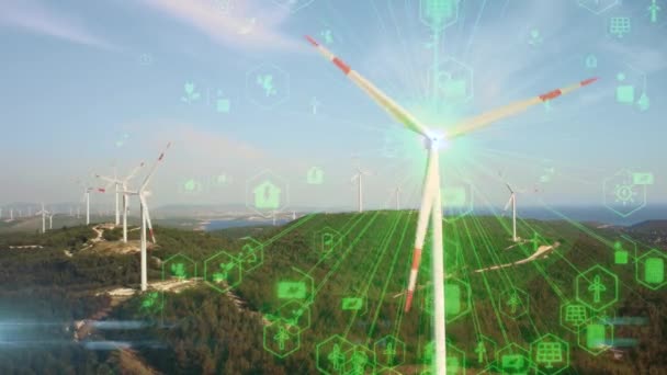 Aerial View Windmills Digitally Generated Holographic Display Tech Data Visualization — Stock Video