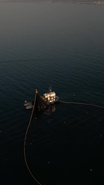 Αεροφωτογραφία Του Αλιευτικού Πλοίου Και Διχτυού Σχήμα Κύκλου Συλλέγοντας Ψάρια — Αρχείο Βίντεο