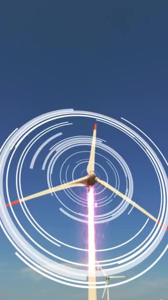 モーショングラフィックスを搭載した風力タービンはインフォグラフィックアニメーションを持っていました 空気の緑の電力 クリーン再生可能エネルギー源の技術可視化 オープンフィールドの風車 高品質のフルHd映像 — ストック動画