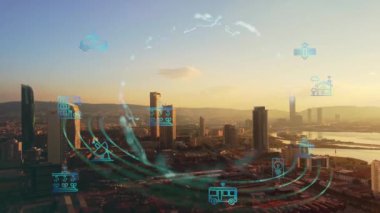 Akıllı şehir IOT interneti ICT dijital teknoloji fütüristik, otomasyon yönetimi akıllı dijital teknoloji VPN siber güvenlik enerjisi sürdürülebilir metaevren şehir sanal artırılmış. Yüksek