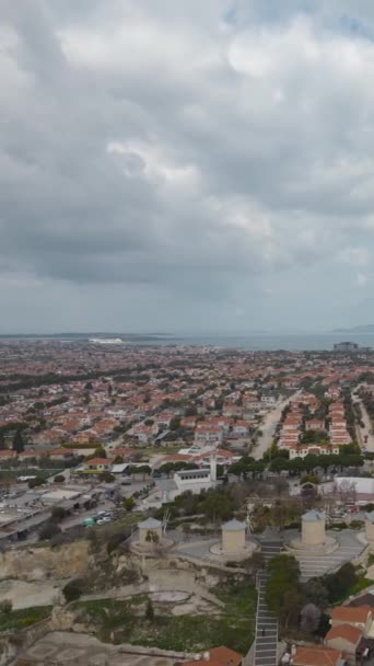 Vista Aérea Alacati Moinhos Vento Izmir Imagens Alta Qualidade — Vídeo de Stock