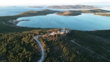 aerial view of Ayvalik from Devils Table hill, Seytan Sofrasi in Turkish, Ayvalik, Balikesir, Turkey. High quality 4k footage