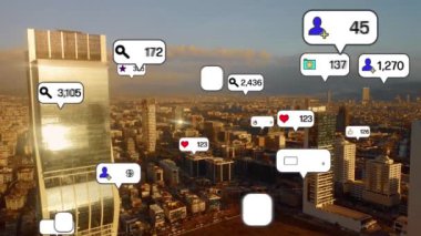 Social media icons fly over city downtown showing people engagement connection through social network application platform . Concept for online community and social media marketing strategy . High