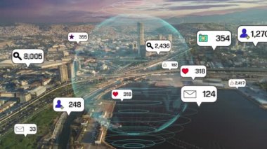 Social media icons fly over city downtown showing people engagement connection through social network application platform . Concept for online community and social media marketing strategy . High