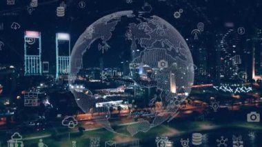 Modern şehir manzarası ve iletişim ağı konsepti. Telekomünikasyon. Bazı şeylerin interneti. Bilgi Teknolojisi Bilişim Teknolojisi. 5G mi? Akıllı şehir. Dijital dönüşüm. Yüksek kalite 4k görüntü