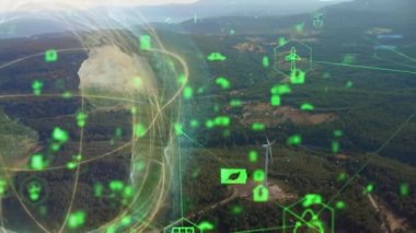 Dijital olarak üretilen sanal görüntü teknolojisi görselleştirilmiş yel değirmenlerinin hava görüntüsü. Rüzgar güç türbinleri yeşil ekolojik bir yolla sürdürülebilir gelişim için temiz yenilenebilir enerji üretiyor