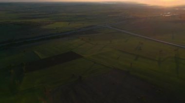 Drone flying over a field during sunset. Drone flies over green agriculture field. Beautiful summer landscape of a field. Top view to the green farm cornfield. High quality 4k footage