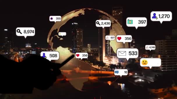 Social Media Icons Fly City Downtown Showing People Engagement Connection — Stock video