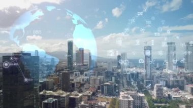 Akıllı şehir ve iletişim ağı konsepti. 5G mi? LPWA Düşük Güç Geniş Alanı. Kablosuz iletişim. Yüksek kalite 4k görüntü