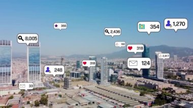 Social media icons fly over city downtown showing people engagement connection through social network application platform . Concept for online community and social media marketing strategy . High